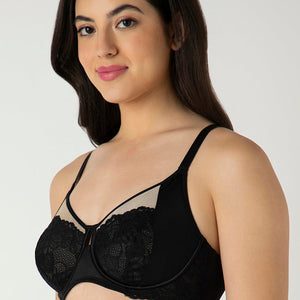 Glam Floral Non-Padded Wired Minimizer Bra - Black