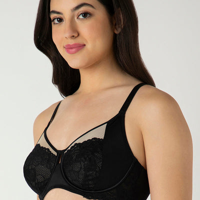 Glam Floral Non-Padded Wired Minimizer Bra - Black