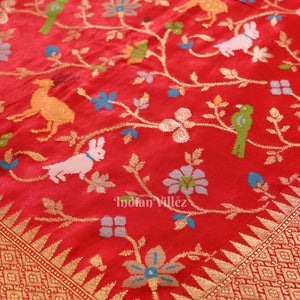 Pure Authentic Red Tussar Banarasi Silk Saree with thread embroidery