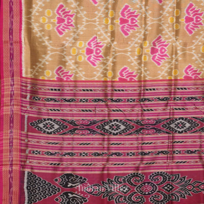 Yellow Cream Lotus Theme Khandua Silk Saree