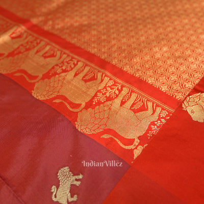 Maroon Red Lion Motif Designer Katan Banarasi Silk Saree