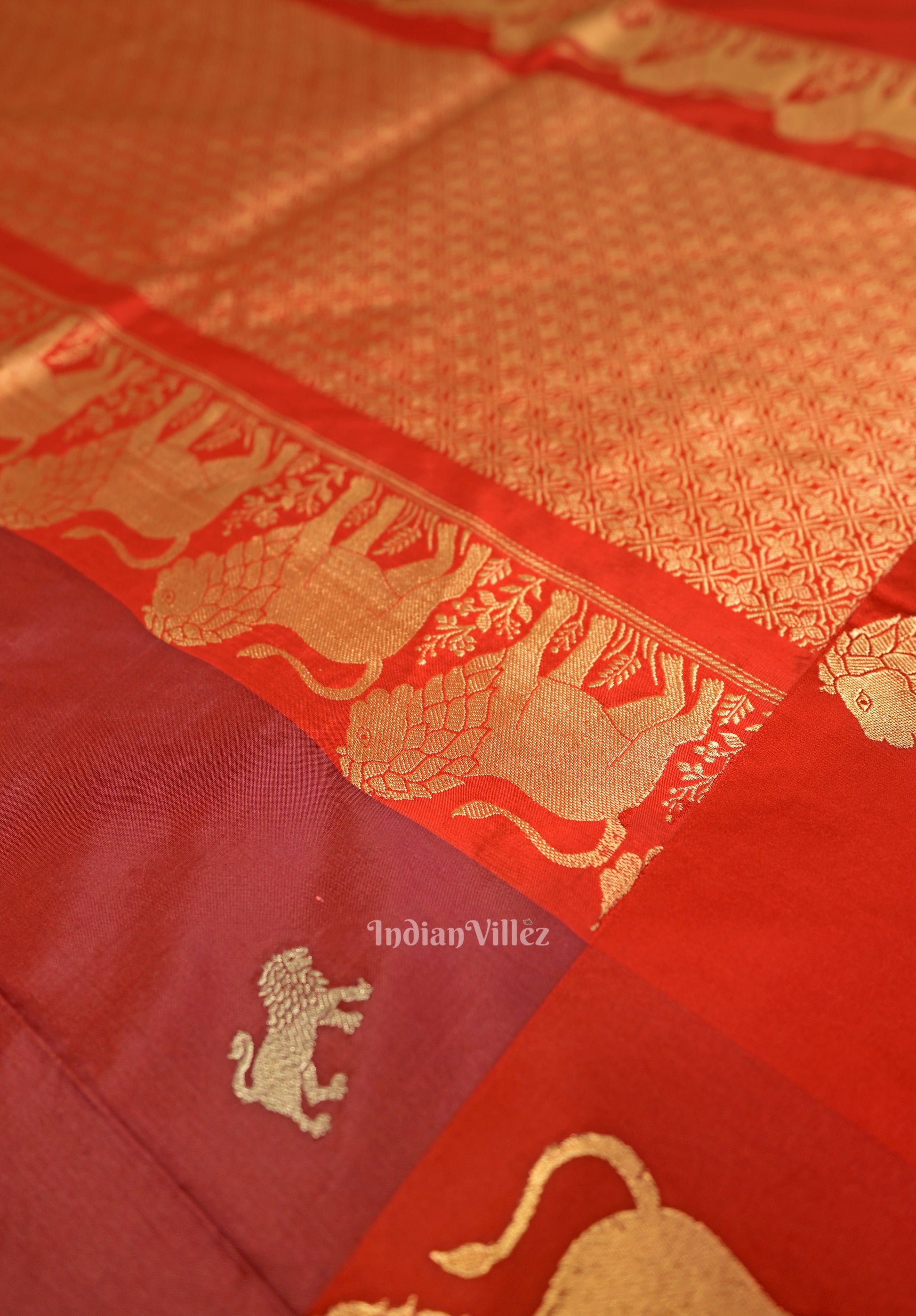 Maroon Red Lion Motif Designer Katan Banarasi Silk Saree