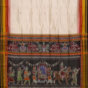 White Kathiphera Dolibarat Theme Odisha Ikat Khandua Silk Saree