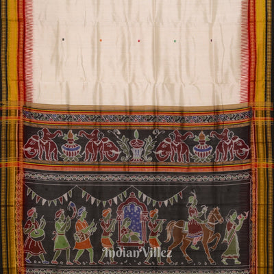 White Kathiphera Dolibarat Theme Odisha Ikat Khandua Silk Saree
