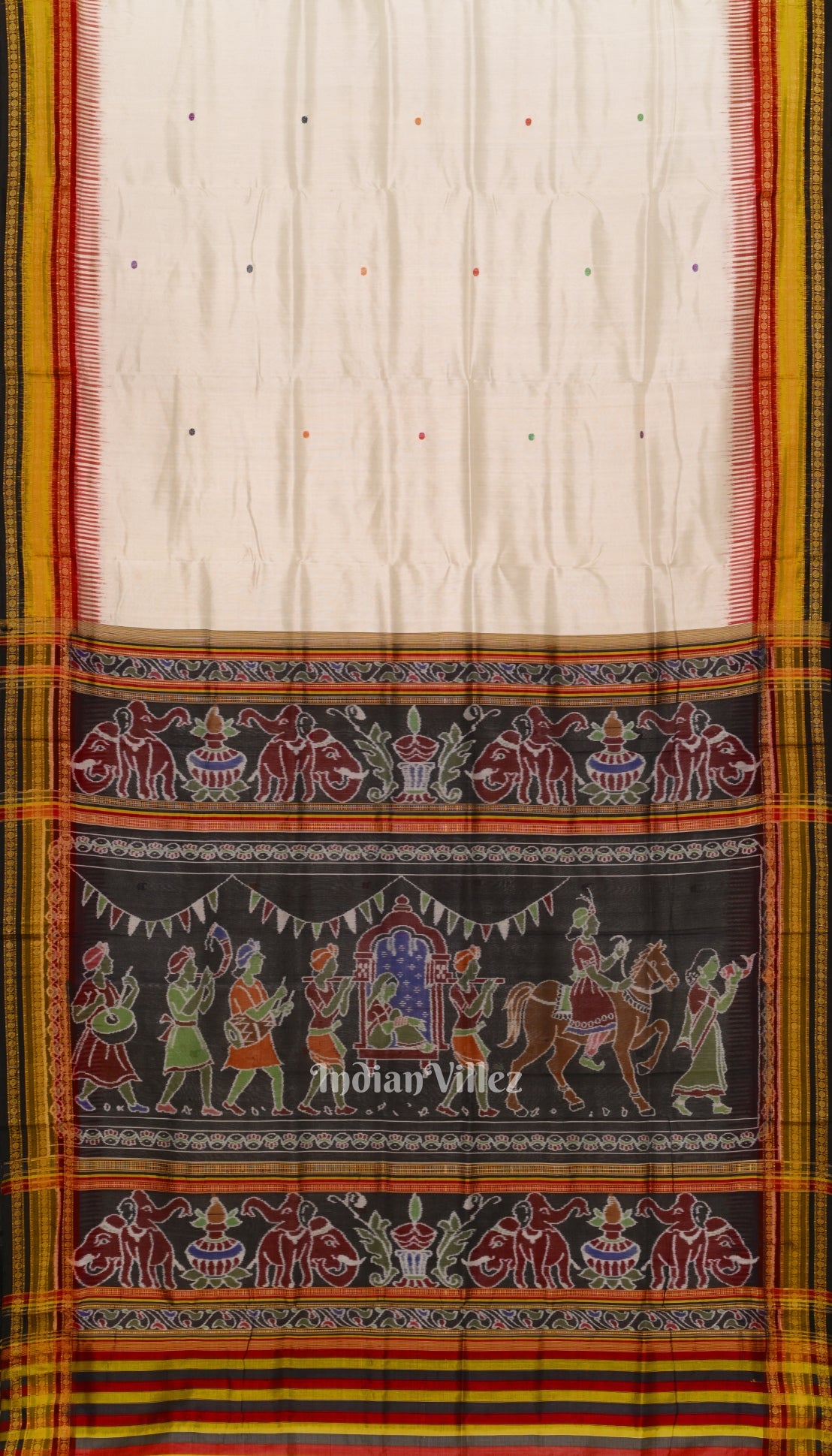 White Kathiphera Dolibarat Theme Odisha Ikat Khandua Silk Saree