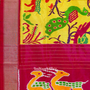 Yellow Nature With Wildlife Design Pochampally Ikat Silk Saree