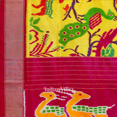 Yellow Nature With Wildlife Design Pochampally Ikat Silk Saree