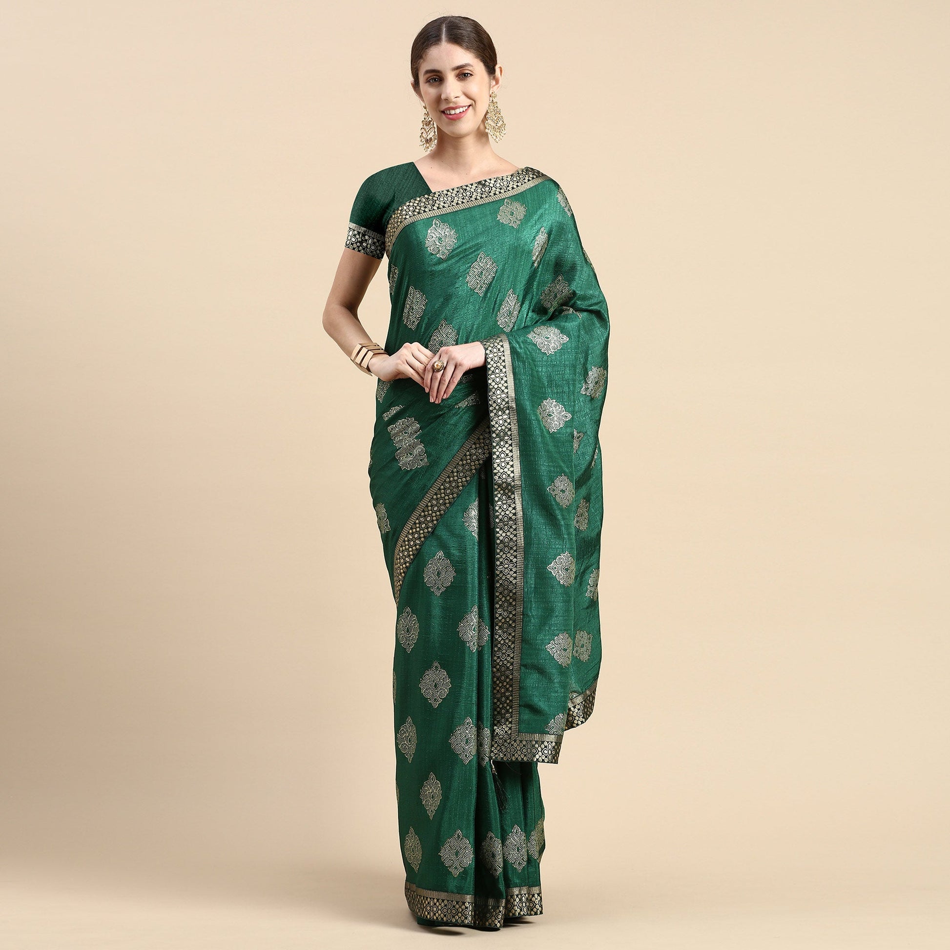 green-floral-foil-printed-vichitra-silk-saree