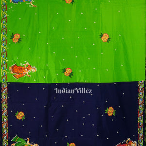 Blue With Green Raja Theme Hand-Painted Pattachitra Saree