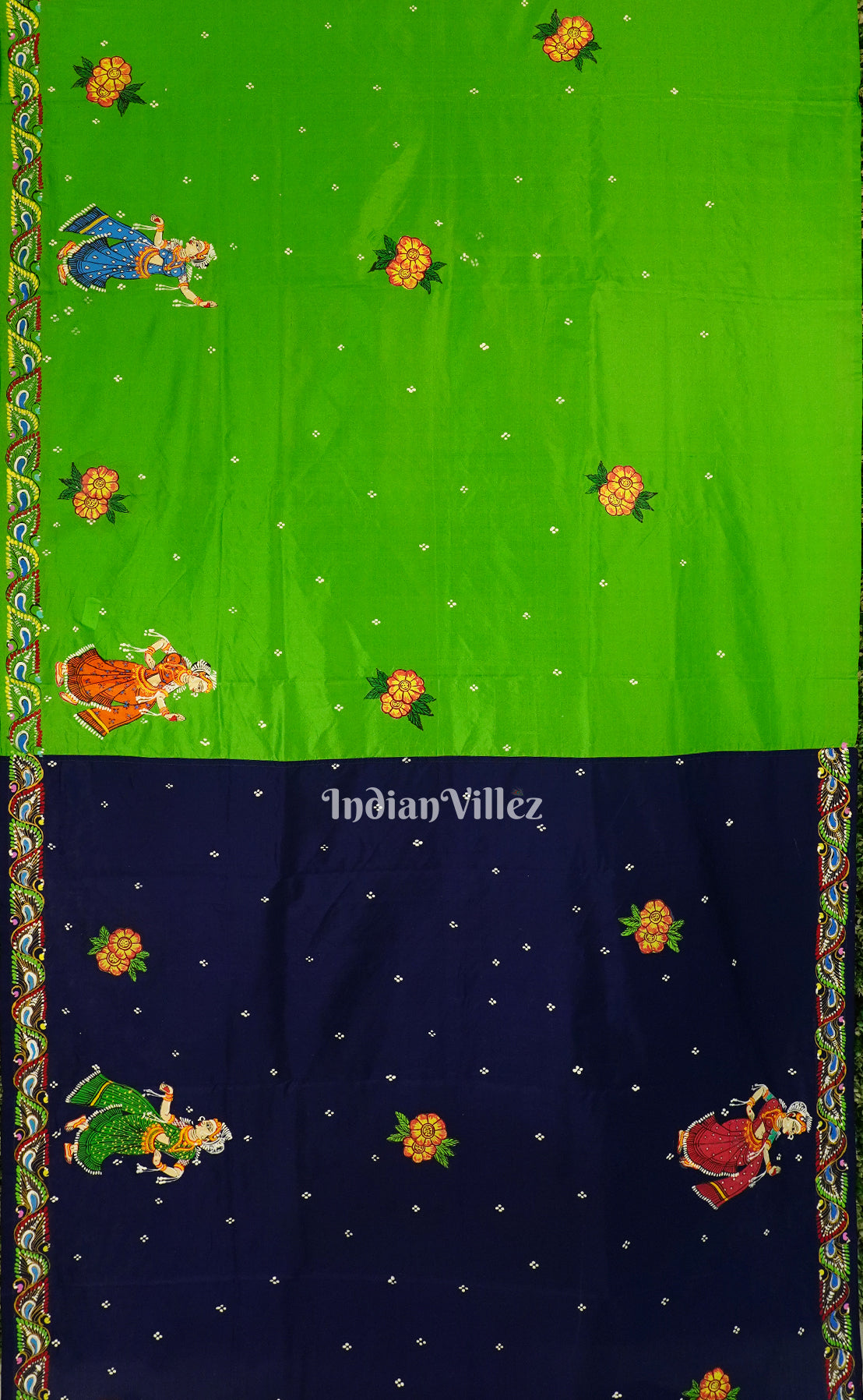 Blue With Green Raja Theme Hand-Painted Pattachitra Saree