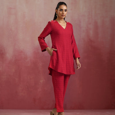 trueBrowns Red Cotton Dobby Co-ord set