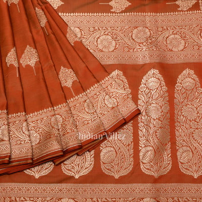 Brick Red Soft Pure Mashru Satin Silk Banarasi Saree