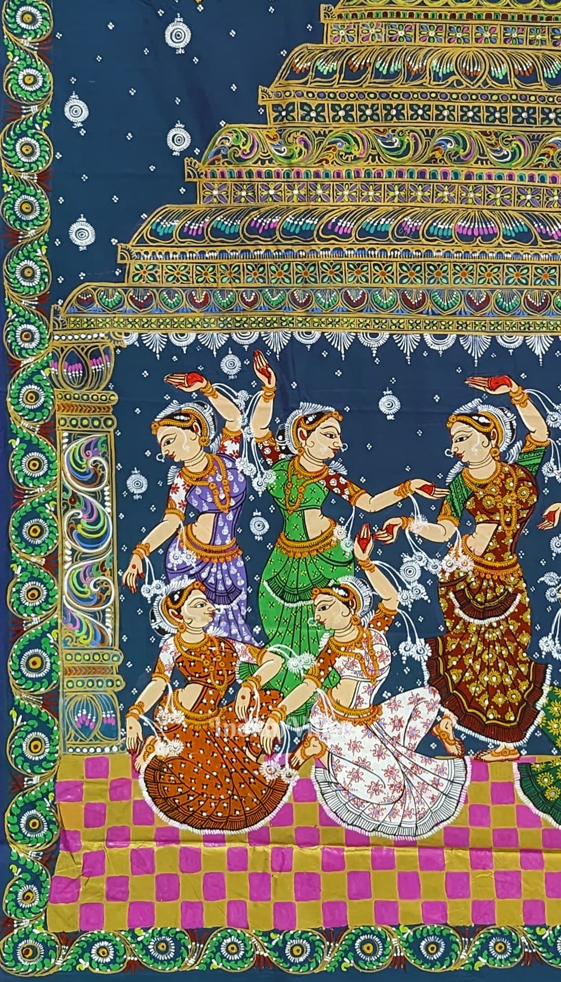 Blue Red Nataki Konark Temple Hand-Painted Pattachitra Saree