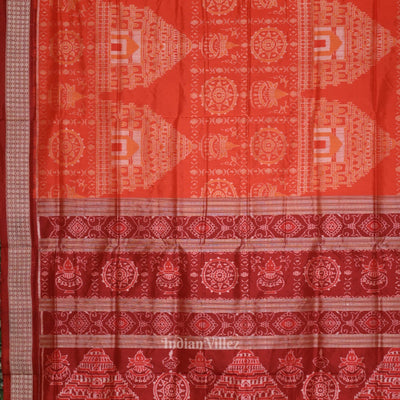 Orange Red Konark Theme Odisha Ikat Sambalpuri Silk Saree