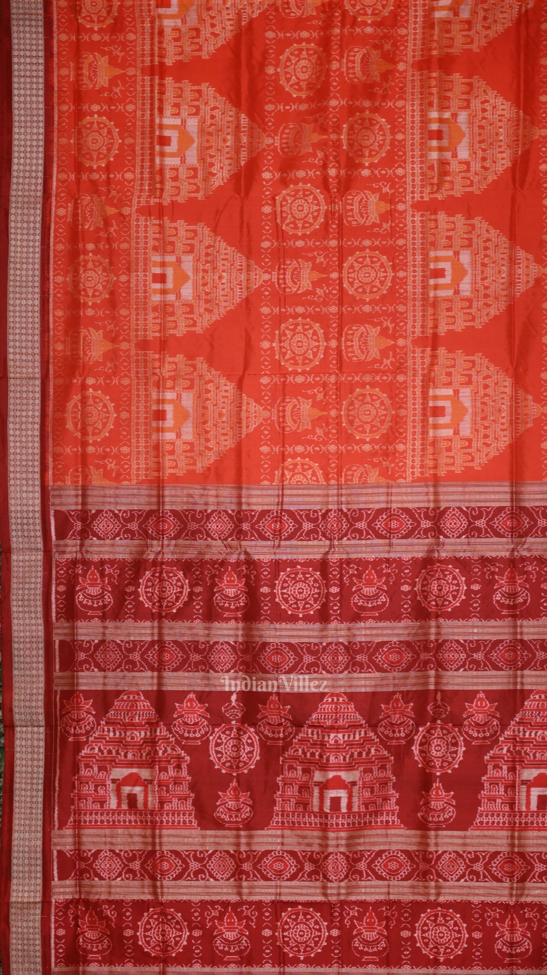 Orange Red Konark Theme Odisha Ikat Sambalpuri Silk Saree