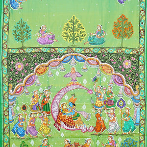 Parrot Green Dual Tone Ardha Chandra Krishna Rasa Leela Hand-Painted Pattachitra Saree (Pre Order)