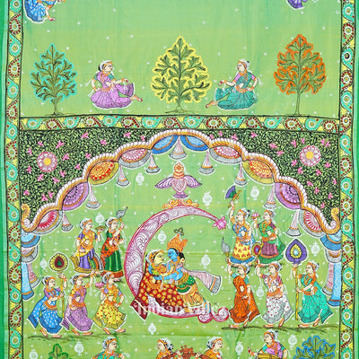 Parrot Green Dual Tone Ardha Chandra Krishna Rasa Leela Hand-Painted Pattachitra Saree (Pre Order)