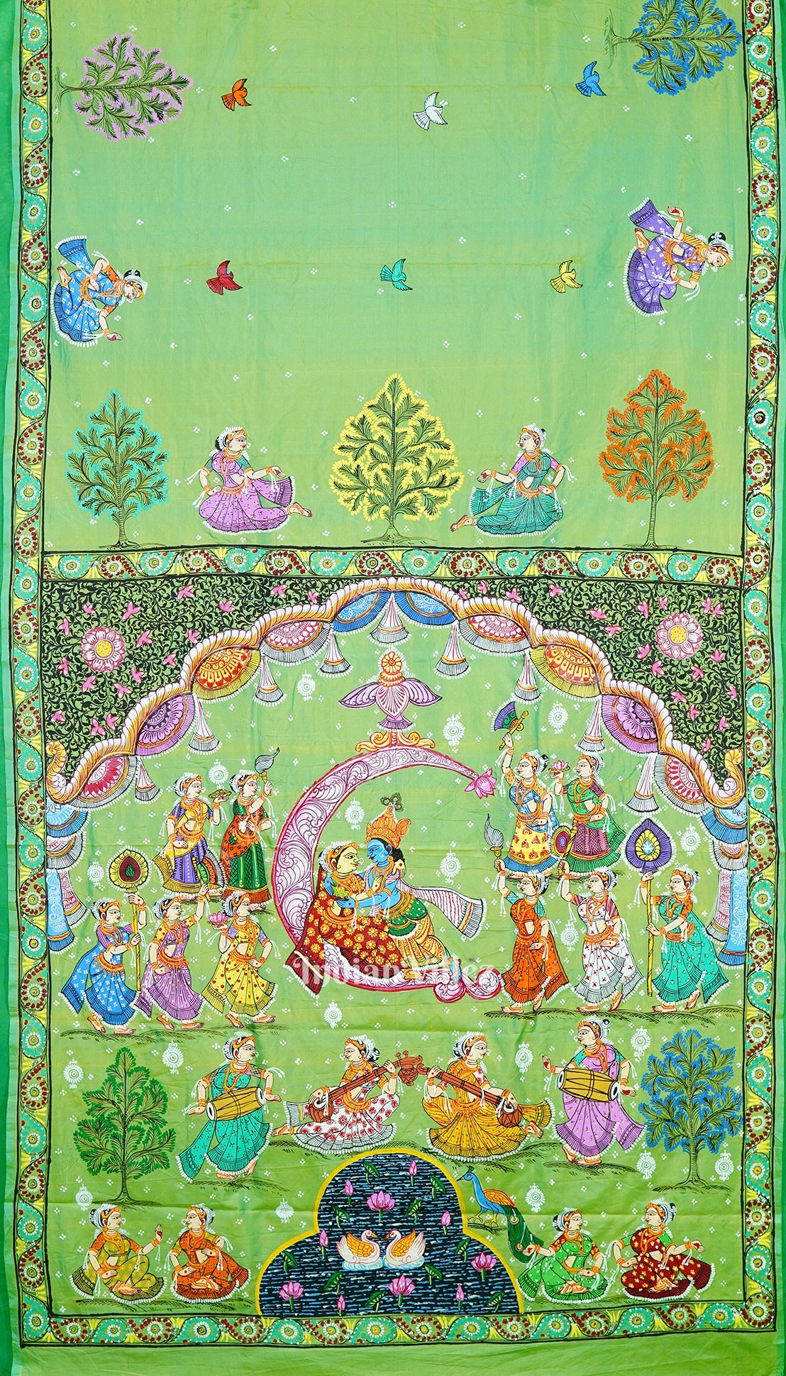 Parrot Green Dual Tone Ardha Chandra Krishna Rasa Leela Hand-Painted Pattachitra Saree (Pre Order)