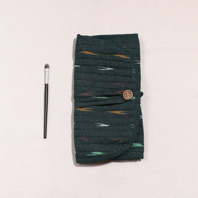 Black - Ikat Fabric Multipurpose Segmented Make-up Brush Wrap Pouch/Case