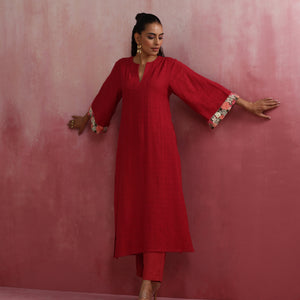 trueBrowns Red Straight Cotton Dobby Kurta Set