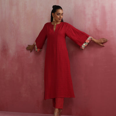 trueBrowns Red Straight Cotton Dobby Kurta Set
