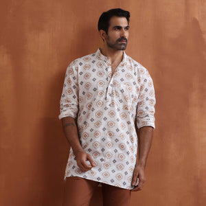 trueBrowns Men's Ivory Printed Short Kurta