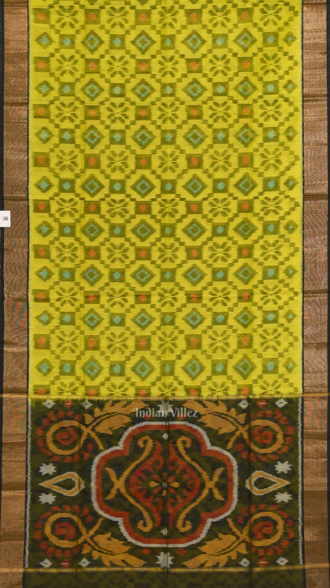 yellow Black Pochampally Ikat Sico (Silk & Cotton) Saree with Zari Border