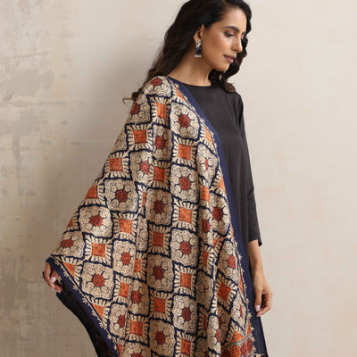 trueBrowns Navy Blue Embroidered Woollen Stole