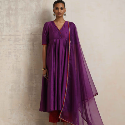 trueBrowns Purple Silk Anarkali Kurta Pant Dupatta Set