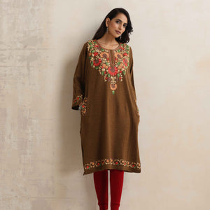 trueBrowns Brown Kashmiri Floral Embroidered Woollen Phiran Kurta