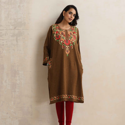 trueBrowns Brown Kashmiri Floral Embroidered Woollen Phiran Kurta