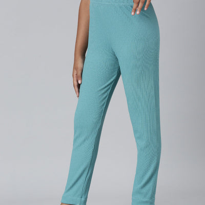 Girls Solid Dark Mint Mid Rise Rib Leggings