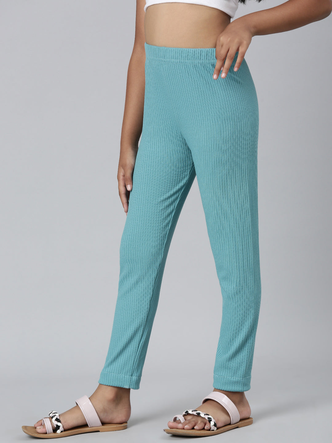 Girls Solid Dark Mint Mid Rise Rib Leggings
