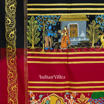 Black Rani Ramayana Theme Hand-Painted Pattachitra Saree