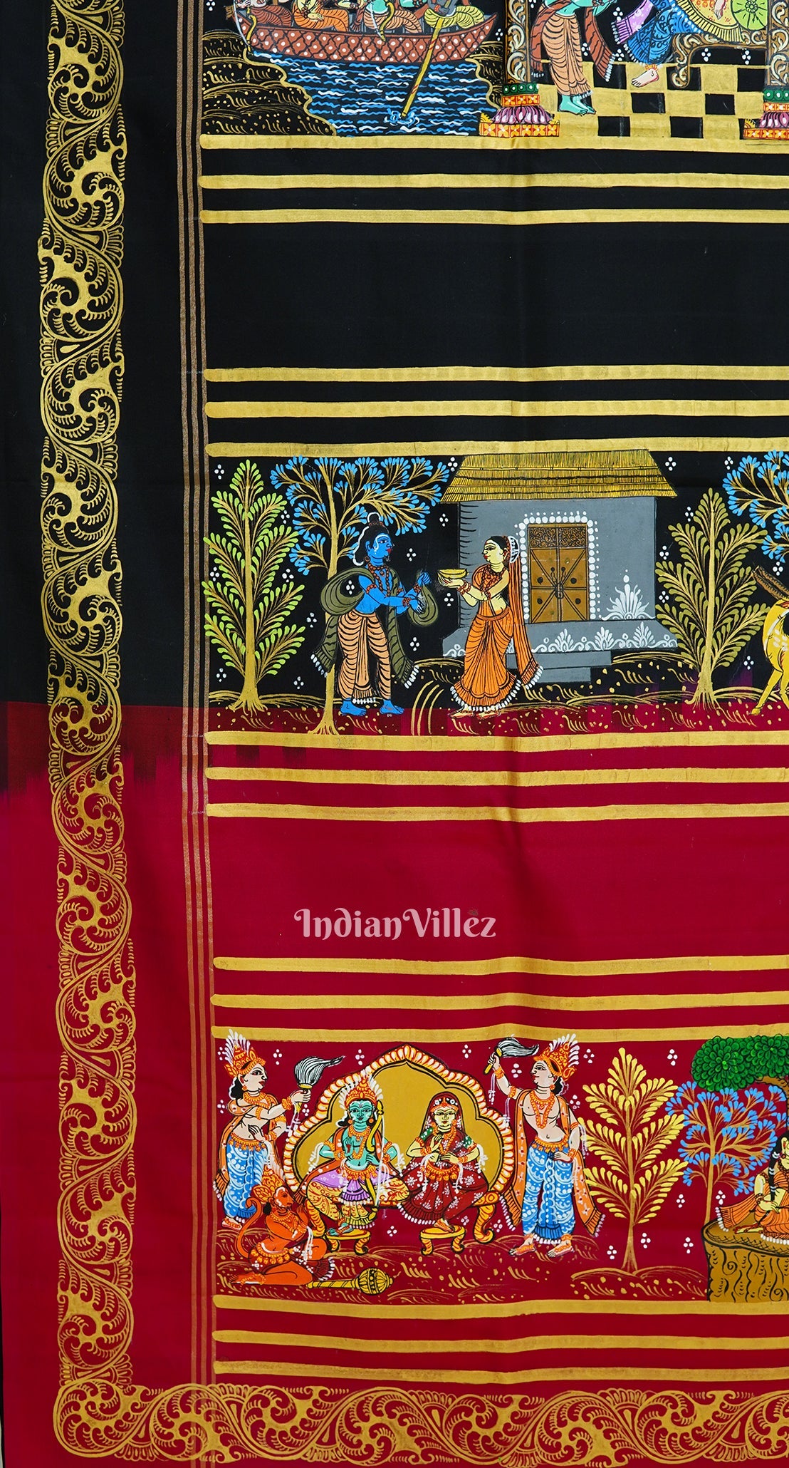 Black Rani Ramayana Theme Hand-Painted Pattachitra Saree