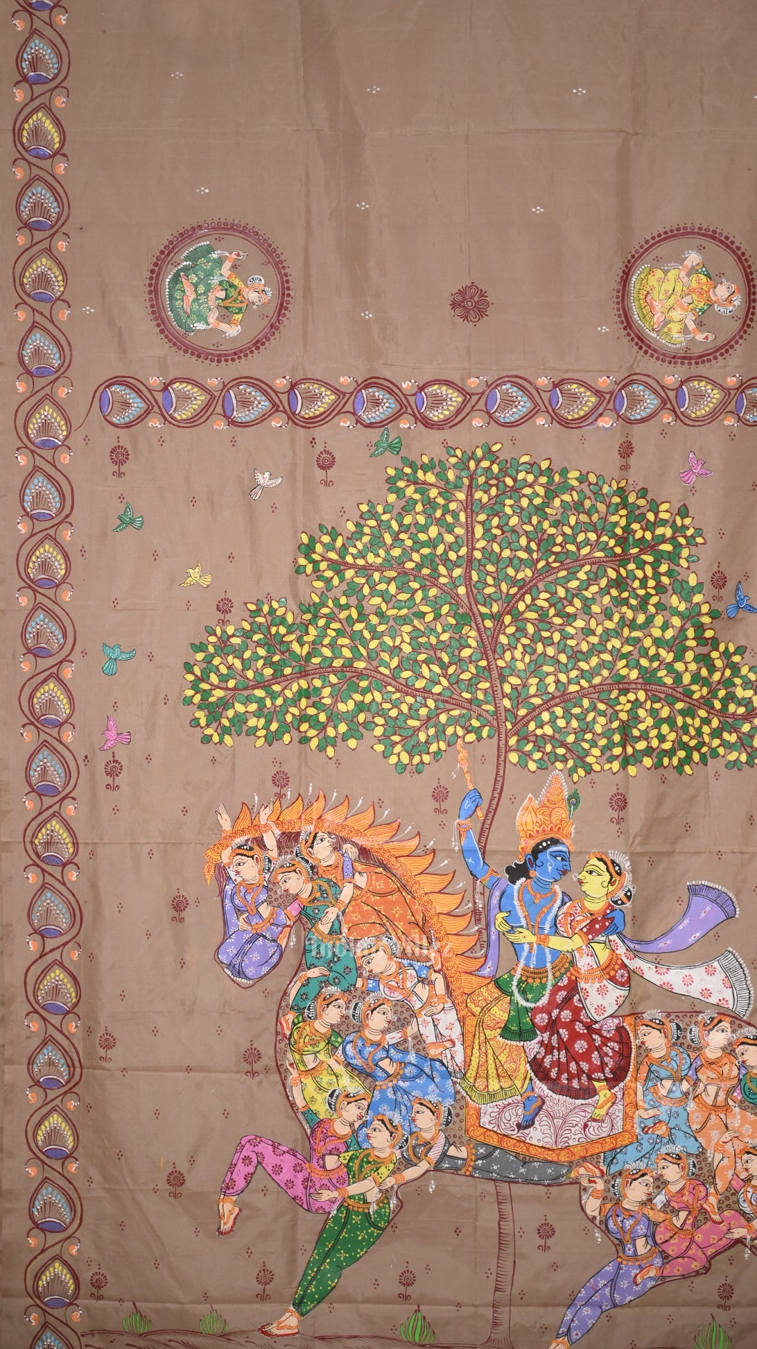 Natural Tussar Kandarpa Ashwa Hand-Painted Pattachitra Saree