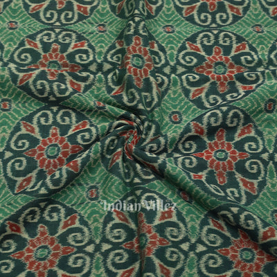 Green Flower Motif Sambalpuri Ikat Cotton Fabric