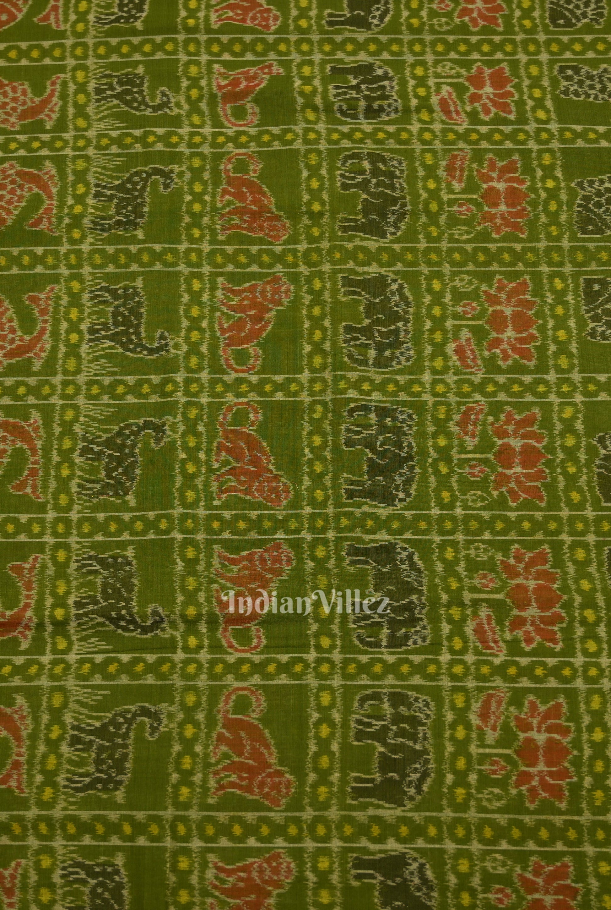 Green Animal Kothi Sambalpuri Ikat Cotton Fabric