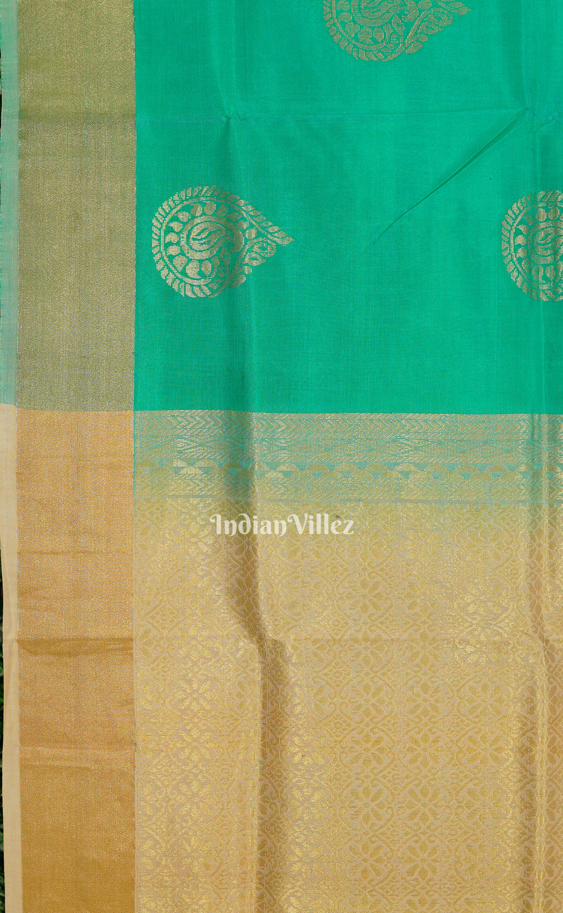 Golden Sea Green Pure Kanjivaram Soft Silk Saree