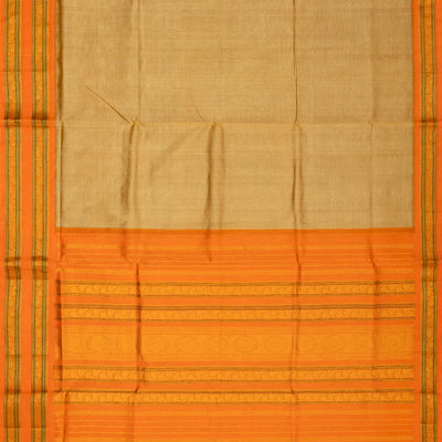 Beige Handloom Plain Silk Cotton Saree With Orange Border