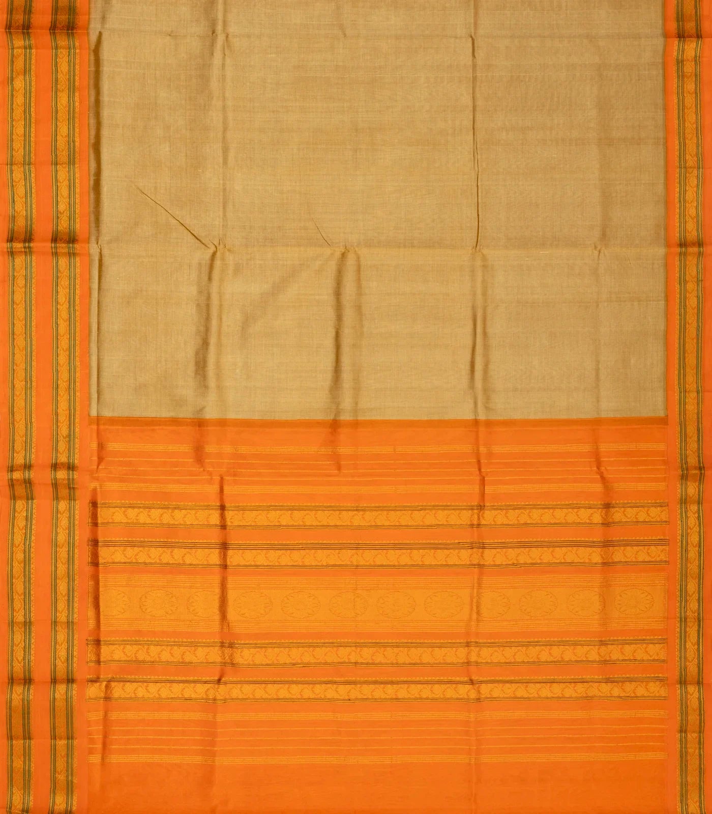 Beige Handloom Plain Silk Cotton Saree With Orange Border
