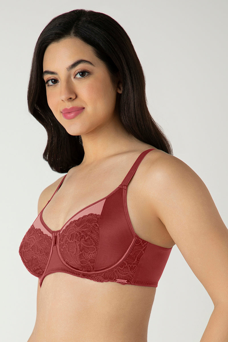 Glam Floral Non-Padded Wired Minimizer Bra - Cowhide