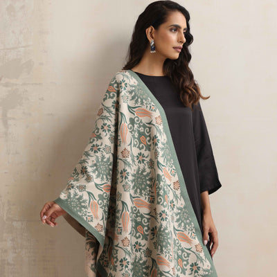 trueBrowns Green Floral Reversible Woollen Stole
