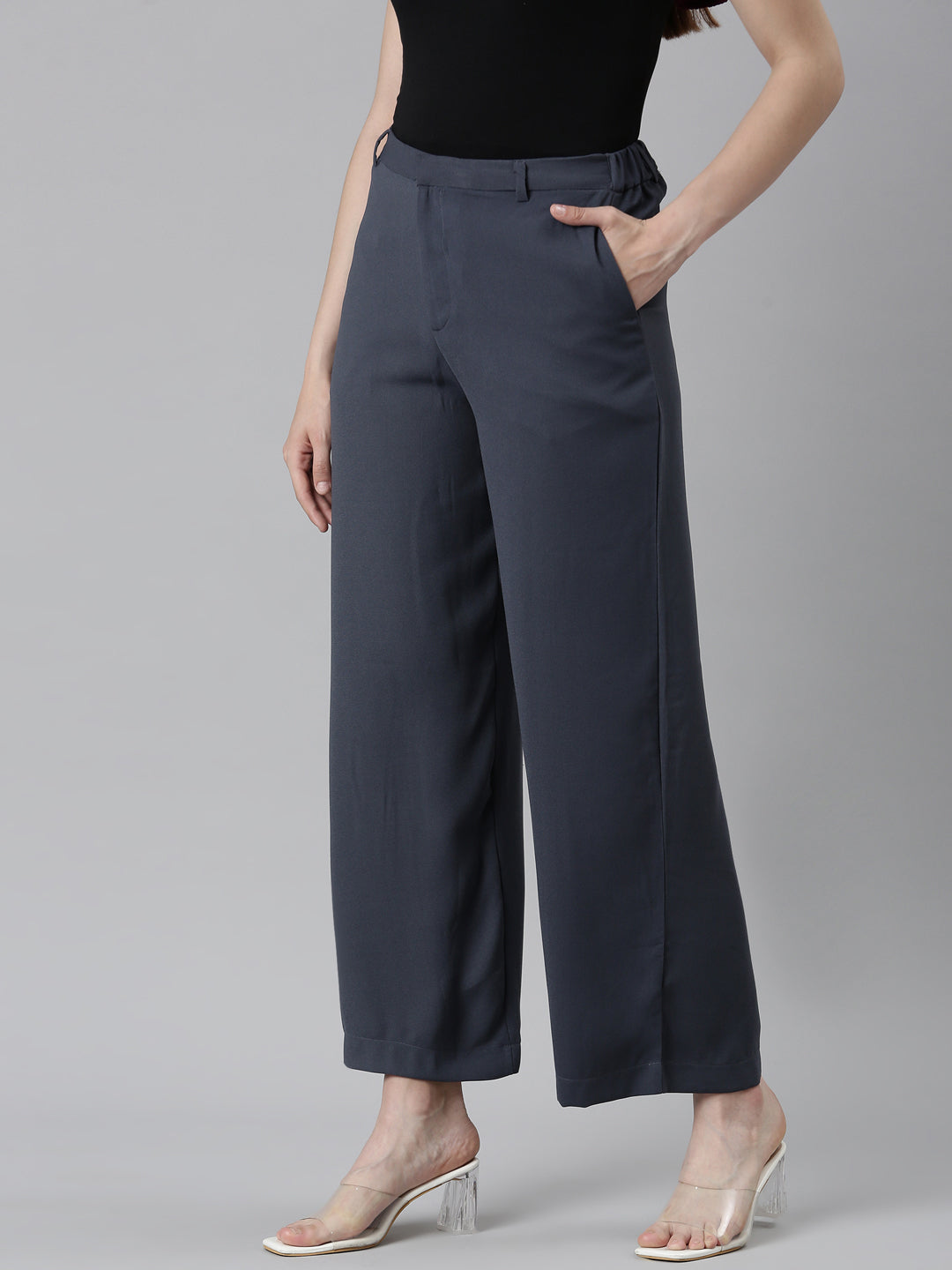 Women Solid Dark Jean Blue High Rise Crepe Wide Pant
