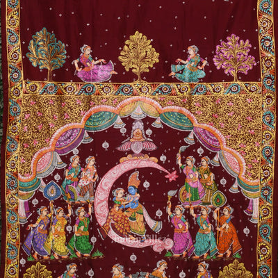 Maroon Ardha Chandra Krishna Rasa Leela Hand-Painted Pattachitra Saree (Pre Order)