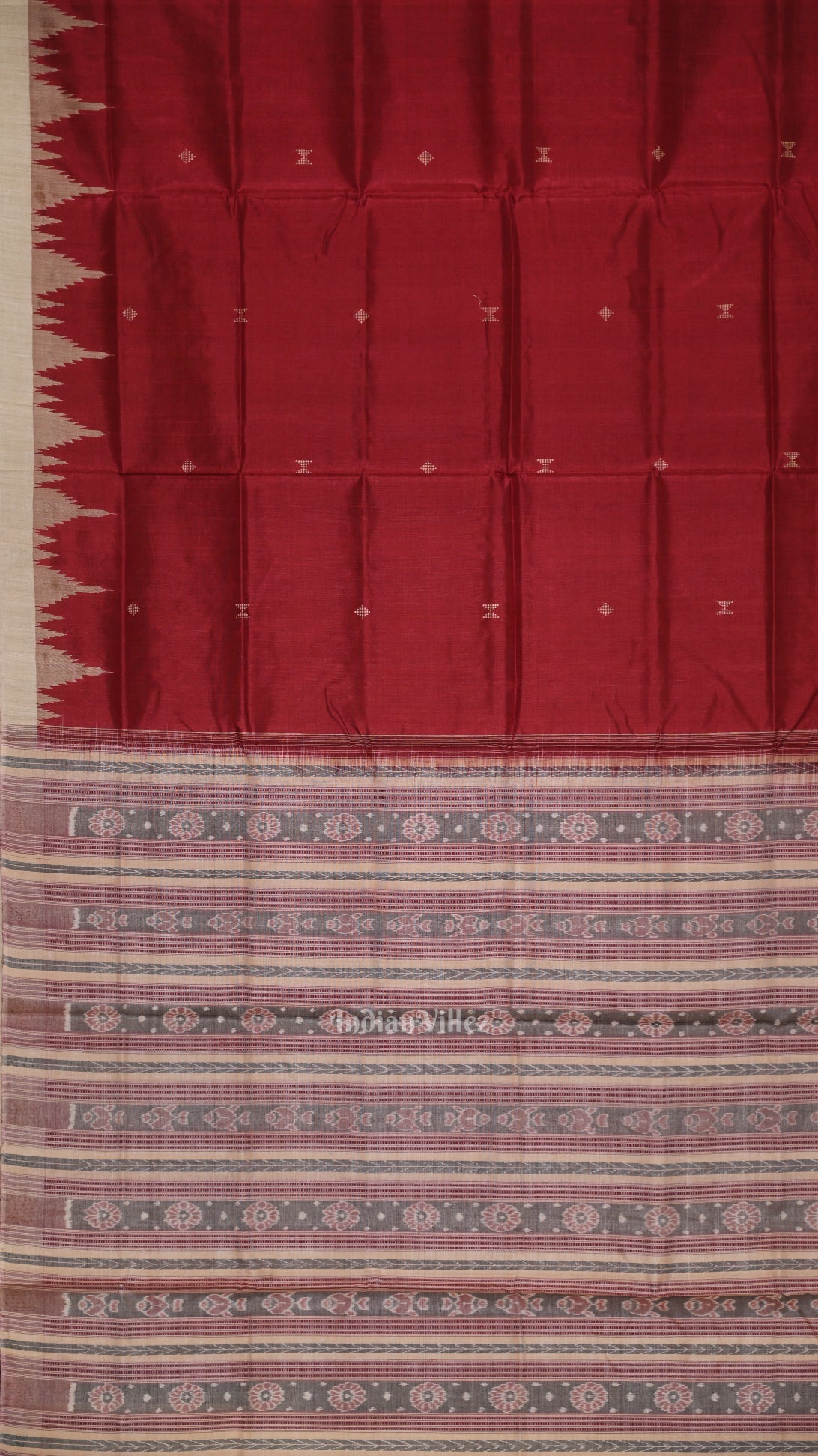 Maroon Red Cream Hazar Buti Bomkai Tussar Silk Saree with Sarabandha Anchal