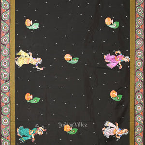 Black Dual Tone Radha Krishna Hand-Painted Pattachitra Saree