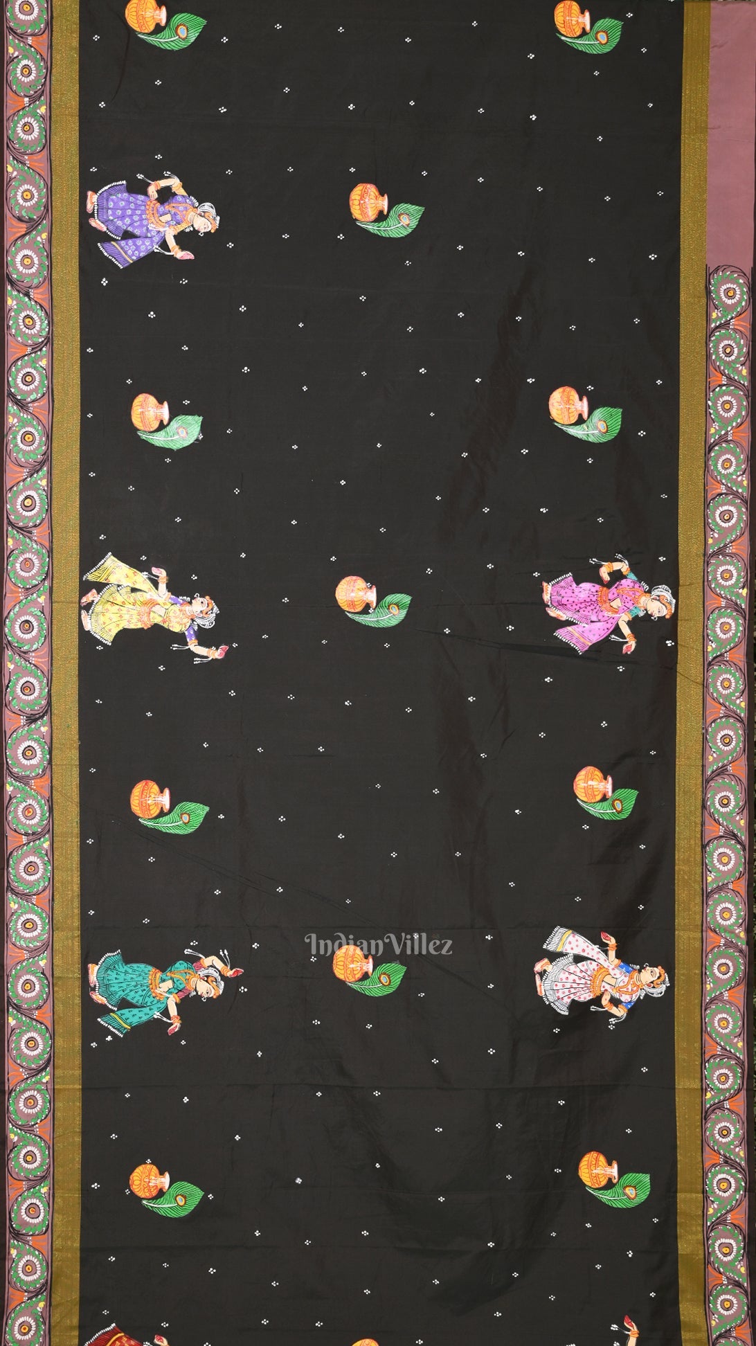 Black Dual Tone Radha Krishna Hand-Painted Pattachitra Saree