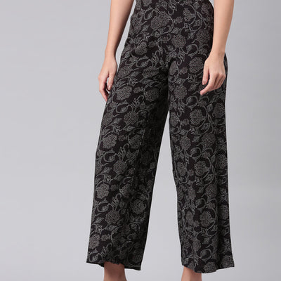 Women Black Woven Viscose Mid Rise Printed Palazzo