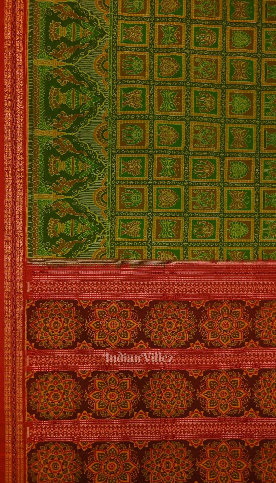 Parrot Green with Pure Red Sambalpuri Ikat Silk*Cotton (Bapta) Saree